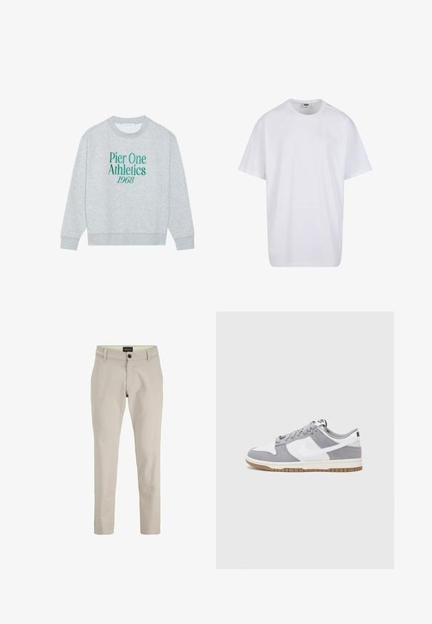Grauer sweatshirt mit Rundhalsausschnitt, mit grünem gesticktem Text: "Pier One Athletics 1968" auf der Vorderseite. Langärmlig, mit gerippten Bündchen.; Weiße Baumwoll-T-Shirt mit kurzen Ärmeln, rundem Ausschnitt, lockerer Passform und ohne sichtbare Logos oder Muster. Glatte Textur und minimalistisches Design.; Beige Baumwoll-Chinos mit geradem Bein, featuring einen Frontknopfverschluss und Gürtelschlaufen. Glatte Textur, minimalistischer Stil.; Graue und weiße Sneaker mit einem Obermaterial aus Wildleder und Leder, abgerundeter Spitze, flachen Schnürsenkeln und einer Gummisohle mit einem Kautschukakzent.
