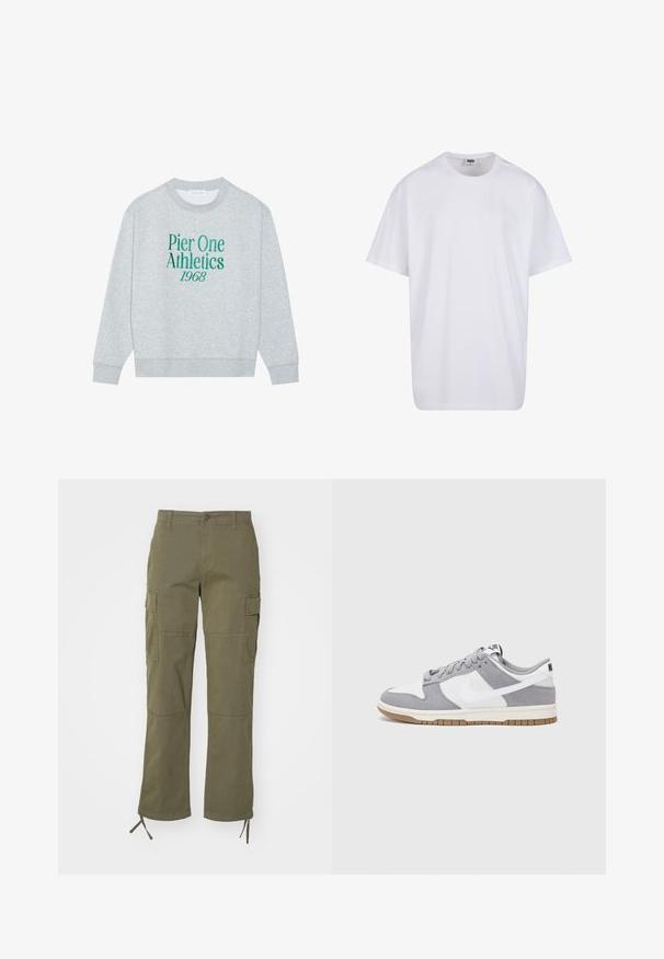 Szary sweatshirt z okrągłym dekoltem, z zielonym haftowanym napisem: "Pier One Athletics 1968" z przodu. Długie rękawy, ściągacze przy mankietach.; Biała bawełniana koszulka z krótkimi rękawami, okrągłym dekoltem, luźnym krojem i bez widocznych logo lub wzorów. Gładka tekstura i minimalistyczny design.; Oliwkowe spodnie cargo o prostym kroju, z dwoma bocznymi kieszeniami i regulowanymi wiązaniami przy nogawkach. Wykonane z trwałego materiału.; Szare i białe trampki z zamszową i skórzaną cholewą, okrągłym noskiem, płaskimi sznurówkami i gumową podeszwą z akcentem w kolorze gumy.