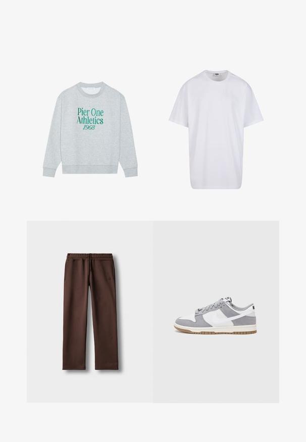 Pelēks sporta krekls ar apaļu kakla izgriezumu, ar zaļu izšūtu tekstu: "Pier One Athletics 1968" priekšpusē. Garas piedurknes, ribotās aproces.; Balta kokvilnas T-kreklu ar īsām piedurknēm, apaļu kakla izgriezumu, brīvu piegriezumu un bez redzamām logo vai rakstiem. Gluda tekstūra un minimālistisks dizains.; Brūnie treniņbikses, kas izgatavotas no mīksta auduma, ar elastīgu jostasvietu, aukliņas detaļu un sānu kabatām. Vienkāršs, taisna kāja dizains.; Pelēki un balti sporta apavi ar zamšādas un ādas virsu, noapaļota purngala, plakaniem šņorēm un gumijas zoli ar gumijas akcentu.