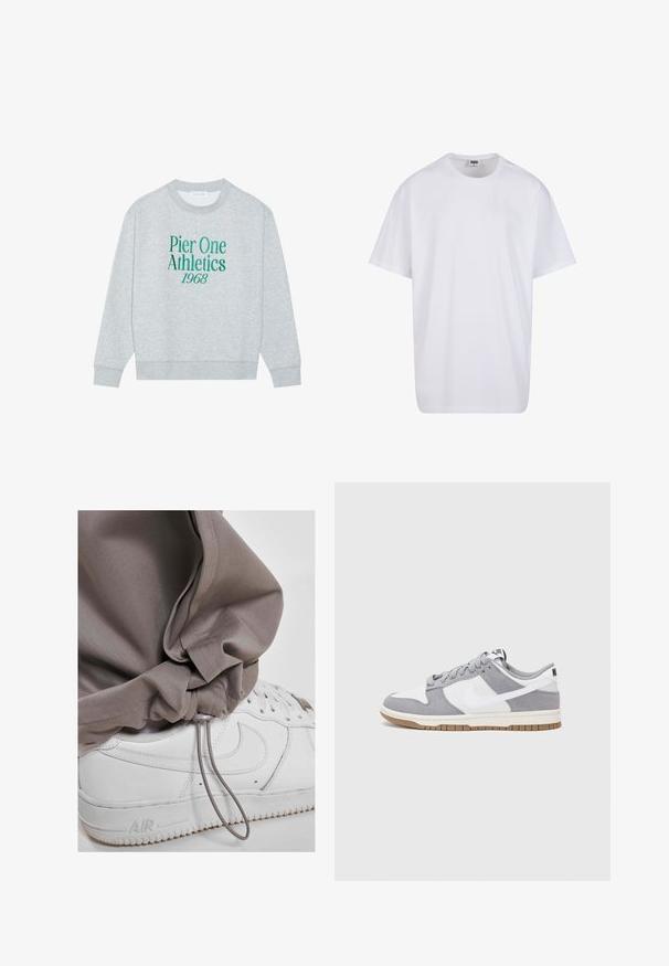 Gray sweatshirt with a crew neck, featuring green embroidered text: "Pier One Athletics 1968" on the front. Long sleeves, ribbed cuffs.; White cotton t-shirt with short sleeves, rounded neckline, relaxed fit, and no visible logos or patterns. Smooth texture and minimal design.; Light gray jogger pants with a drawstring cuff, paired with white sneakers featuring a textured sole and distinct logo detail.; Gray and white sneaker with a suede and leather upper, rounded toe, flat laces, and a rubber sole featuring a gum accent.