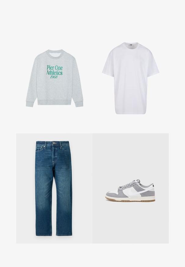 Sudadera gris con cuello redondo, que presenta texto bordado en verde: "Pier One Athletics 1968" en el frente. Mangas largas, puños acanalados.; Camiseta blanca de algodón con mangas cortas, cuello redondo, corte relajado y sin logotipos ni patrones visibles. Textura suave y diseño minimalista.; Jeans de mezclilla en azul oscuro con un diseño de pierna recta, que cuentan con un diseño de cinco bolsillos, presillas para cinturón y un cierre de botones.; Zapatilla gris y blanca con parte superior de ante y cuero, puntera redondeada, cordones planos y suela de goma con un acento de goma.