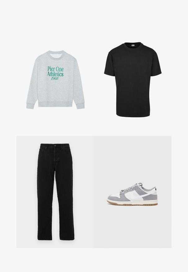 Sweatshirt gri cu guler rotund, având text brodat verde: "Pier One Athletics 1968" pe față. Mâneci lungi, manșete cu nervuri.; Tricou din bumbac negru cu guler rotund, mâneci scurte și tiv drept. Textură netedă; design simplu, nepornit.; Jeans negri din denim cu un design drept, având închidere cu buton, bucle pentru curea și un stil clasic cu cinci buzunare.; Sneaker gri și alb, cu un superior din suede și piele, vârf rotund, șireturi plate și o talpă din cauciuc ce prezintă un accent de culoare gum.