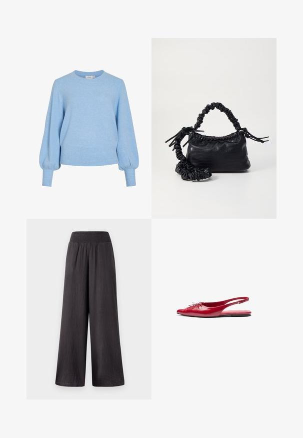 Light blue knitted sweater with a round neckline, long puffed sleeves, and ribbed cuffs and hem. Soft texture, casual fit.; Black wide-leg pants with a smocked waistband, crafted from lightweight textured fabric, featuring a loose fit and full-length design.; Red leather slingback flat shoe with a pointed toe and a decorative lace-up detail on the front, featuring a slim ankle strap and flat sole.; Black faux leather handbag with a crocodile texture, cinched top, and a scrunched strap. Appears soft and compact in design.