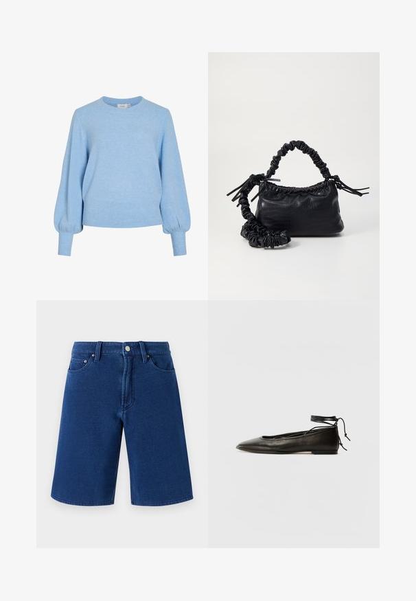 Lyseblå strikkegenser med rund hals, lange puffermer og ribbestrikkede mansjetter og kant. Myk tekstur, avslappet passform.; Blå denimshorts med rett snitt, femlommersdesign og synlig midje med metallknapp og beltehemper.; Svarte lær balletflater med spiss tå, ankelbånd og flat såle, som har en glatt tekstur og minimalistisk design.; Svart faux skinn-håndveske med krokodilletekstur, strammet topp og en rynket stropp. Ser myk og kompakt ut i designen.