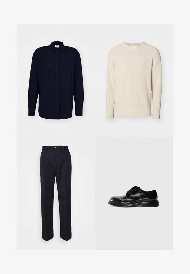 Light beige pullover sweater with a ribbed texture, round neckline, and long raglan sleeves. Side slits at the hem for ease of movement.; Filippa K RELAXED PATCH POCKET SHIRT - Shirt - navy; Black tailored trousers with a straight-leg design, made of smooth fabric, featuring a front button closure and two side pockets.; Black leather dress shoe with a rounded toe, smooth finish, lace-up design, and a stacked heel. Minimalist style with no visible logos.