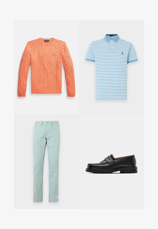 Orange cable-knit long-sleeve sweater with crew neck, ribbed cuffs and hem, featuring a small blue Polo Ralph Lauren logo on the chest.; Light blue and white horizontal striped short-sleeve polo shirt with a blue collar and small embroidered logo on the left chest.; Light blue, straight-leg pants made of cotton with a smooth texture; features a button closure and belt loops.; Black leather loafers feature a raised seam, two decorative straps on the upper, and a thick textured sole for added grip.