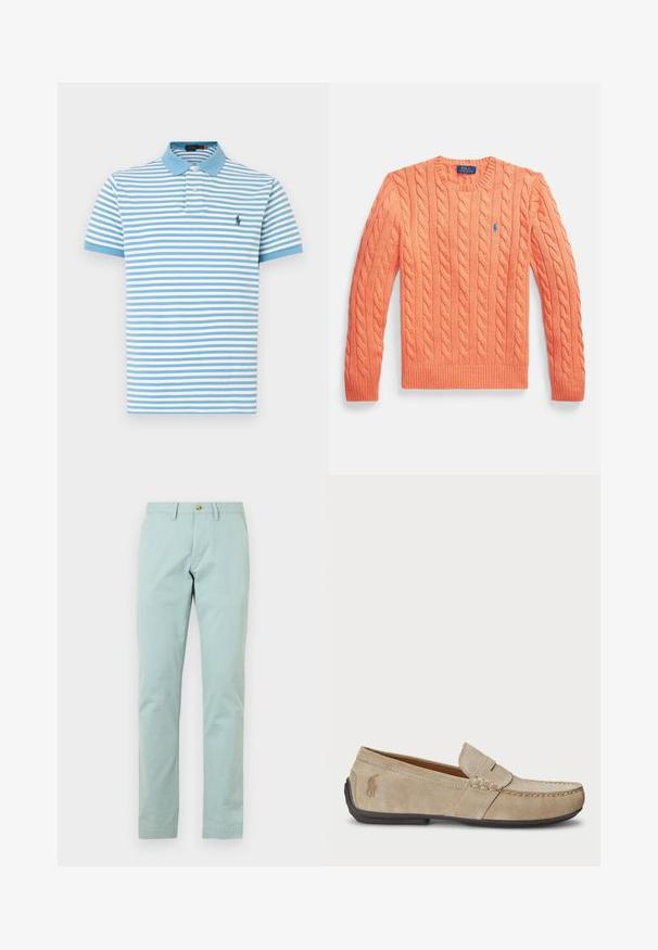 Camisola laranja com malha em padrão de tranças, mangas compridas, gola redonda, punhos e bainha canelados, com um pequeno logótipo azul da Polo Ralph Lauren no peito.; Polo de manga curta com riscas horizontais azuis claras e brancas, gola azul e pequeno logótipo bordado no lado esquerdo do peito.; Calças de algodão azul claro, com corte direito e textura suave; apresentam fecho de botão e presilhas para cinto.; Mocassins de camurça beiges com um detalhe costurado, sola de borracha plana e um pequeno logotipo de lado. Design clássico de calçar, textura suave.