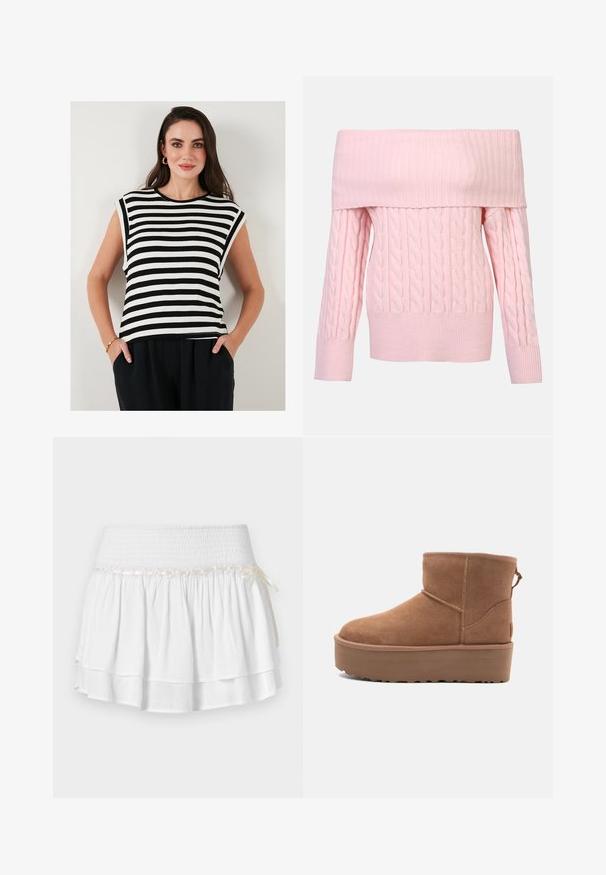 Rozā džemperis ar atklātām plecu daļām, ar ribota kakla izgriezumu, ar virvju adījuma rakstu un garām piedurknēm. Mīksta tekstūra un īsa piegriezte.; Melnbalta svītru īsām piedurknēm augsts tops ar noapaļotu dekoltē un brīvu piegriezumu. Tam ir gluda tekstūra un sānu šķautnes apakšmalā.; Balta daudzslāņu svārku ar elastīgu jostu, ar teksturētu smokošanas detaļu un dekoratīvu lentu. Kokvilnas audums.; Bēša zamšadeguna potīte ar platformas zoli, apaļu purngalu un šuvju akcentiem; aizmugurē ir vilkšanas cilpa, kas nodrošina ērtu uzvilkšanu.