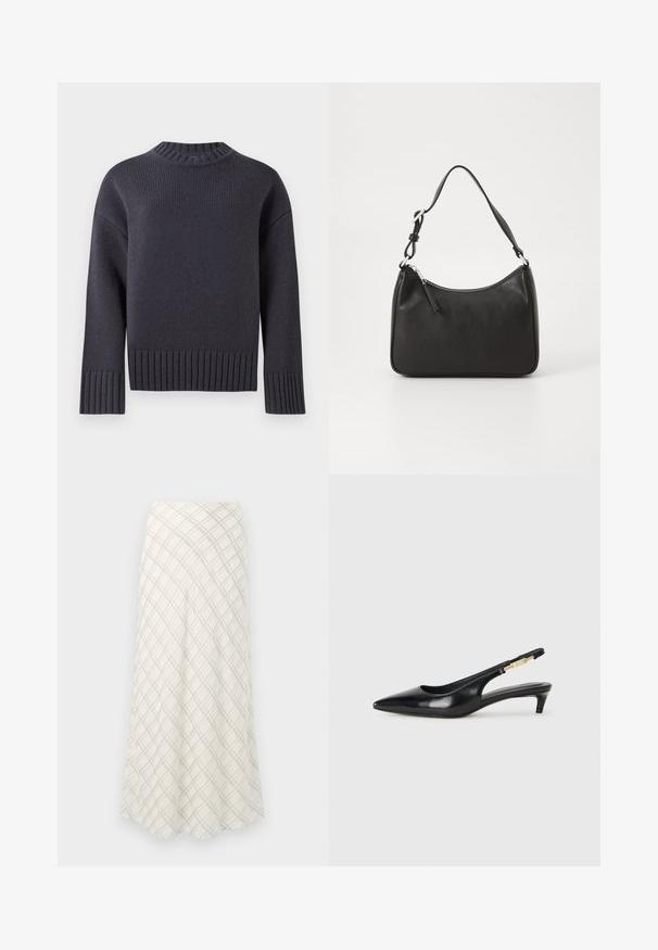 Marineblå strikkegenser med høy ribbestrikket krage og brede ribbestrikkede mansjetter og nederkant. Har en avslappet passform og strukturert stoff.; Lang, kremfarget skjørt med et diagonalt rutemønster i grå. Flytende design med en glatt tekstur, som vidder ut mot falden.; Sorte lærreim hæler med spiss tå, som har en slank hæl og en gullfarget detalj på den justerbare stroppen. Glatt tekstur.; Svart lærveske med en buet form, en enkelt stropp, glidelåslukking og subtil merkevarebygging på forsiden. Glatt tekstur, minimalistisk design.