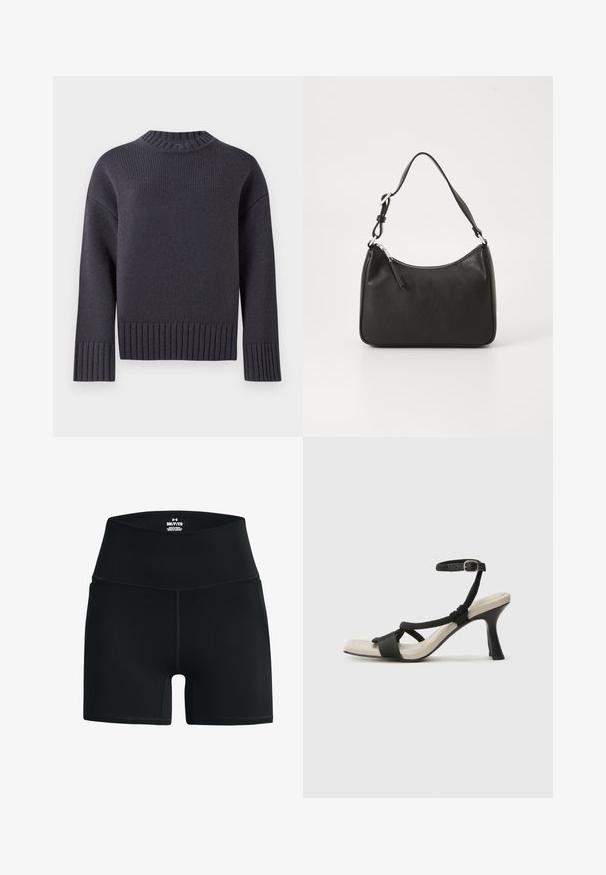 Jūras spēku krāsas adīta džemperis ar augstu ribotu apkakli un platām ribotām piedurknēm un apakšmalu. Ievēro relaksētu piegriezumu un teksturētu audumu.; Melnas elastīgas bikses ar augstu jostasvietu, kas izceļas ar gludu tekstūru un plakanajām šuvēm komfortam. Zīmola nosaukums attēlots uz jostas.; Melnas augstpapēžu sānijas ar pinuma siksnu dizainu, kvadrātveida purngali un regulējamu potītes siksnu. Gaismas beidzamais kāju paklājiņš ar spīdīgu melnu papēdi.; Melnas ādas rokassomu ar izliekta formu, vienu siksnu, ar rāvējslēdzēju aizdari un diskrētu zīmolu uz priekšpuses. Gluda tekstūra, minimālisma dizains.