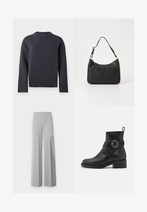 Pull en tricot bleu marine avec un col haut à côtes et des poignets ainsi qu'un ourlet à larges côtes. Il présente une coupe décontractée et un tissu texturé.; Pantalons larges gris en tissu doux et extensible. Dotés d'une taille haute et d'un design lisse et minimal sans détails supplémentaires.; BOSS IRYNA BOOTIE - Bottines à plateau - black; Sac à main en cuir noir avec une forme courbée, une seule sangle, fermeture éclair et un logo discret à l'avant. Texture lisse, design minimaliste.