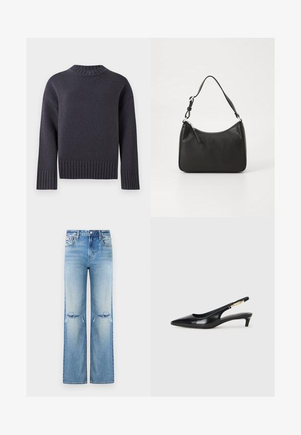 Suéter de punto azul marino con un cuello ribeteado alto y puños y dobladillo de ancho ribete. Presenta un ajuste relajado y una tela texturizada.; Jeans de mezclilla azul claro con una cintura alta, corte ancho, detalles desgastados en las rodillas y un ligero desvanecimiento en toda la tela.; Tacones negros de piel sintética tipo slingback con punta afilada, que cuentan con un tacón delgado y un detalle en tono dorado en la correa ajustable. Textura suave.; Bolso de mano de cuero negro con forma curvada, una sola correa, cierre de cremallera y marcas sutiles en la parte frontal. Textura suave, diseño minimalista.
