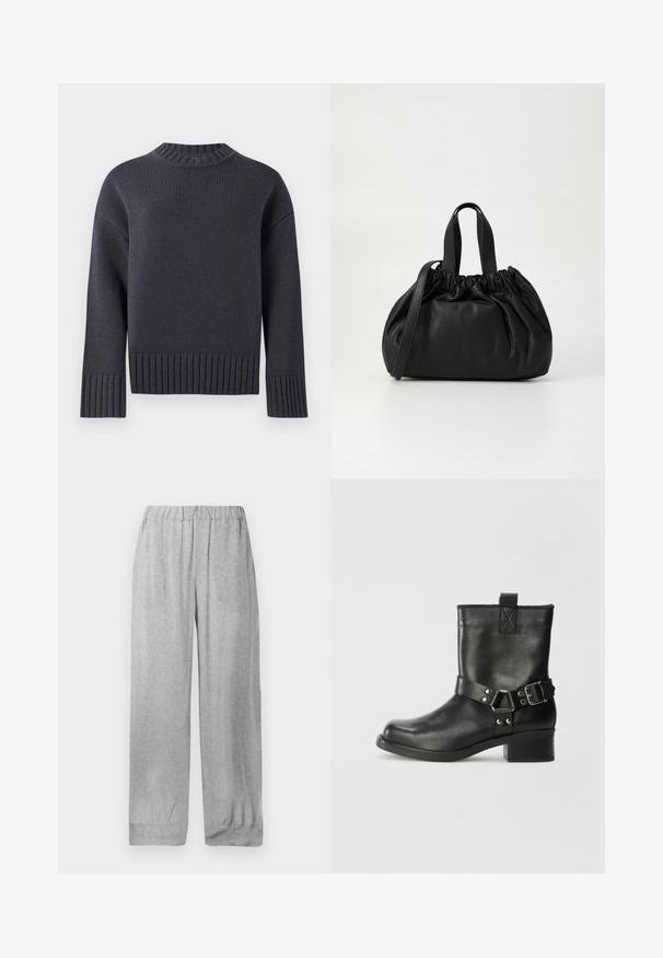 Navy knit sweater with a high ribbed neckline and wide ribbed cuffs and hem. Features a relaxed fit and textured fabric.; Light gray elastic-waist pants with a subtle all-over white floral pattern, straight loose fit, and cuffed hems.; Samsøe Samsøe SABRENTA - Cowboy/biker ankle boot - black; Black leather handbag with a gathered top design, featuring two short handles and a long adjustable strap. Smooth texture, rounded shape.