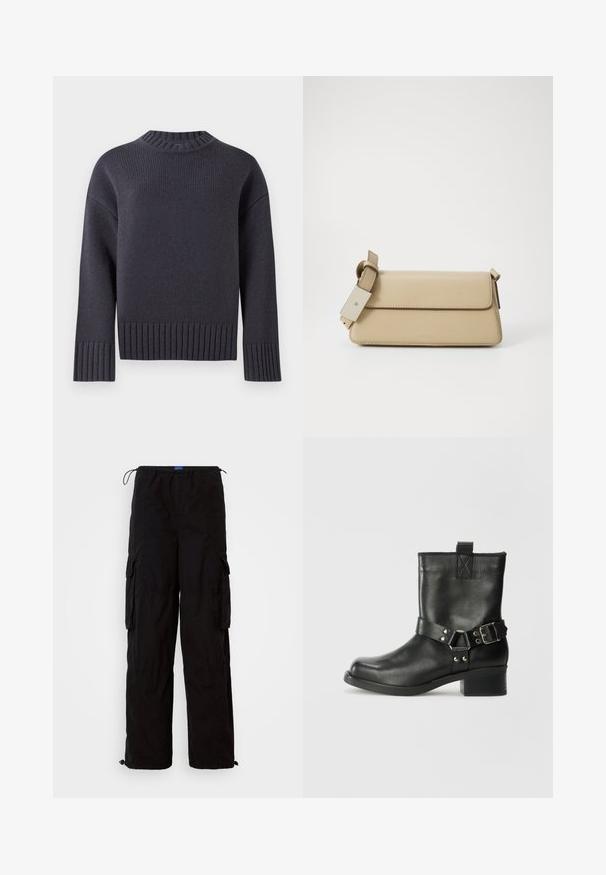 Tengerészkék kötött pulóver magas bordázott nyakkal és széles bordázott mandzsettákkal és aljával. Lazán illeszkedik és texturált anyagból készült.; Fekete cargo nadrág könnyű anyagból, rugalmas derékkal, több oldalzsebbel és állítható szegélyekkel a laza illeszkedés érdekében.; Samsøe Samsøe SABRENTA - Cowboy/motoros bokacsizma - black; Beige műbőr kézitáska, felhajtható záródással, állítható pánttal és minimális dizájnnal. Finom varrásokkal és bélyegzett logóval rendelkezik.
