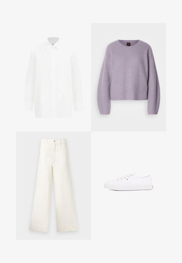 Svetlofialový pletený sveter s okrúhlym výstrihom, spustenými ramenami a rebrovanou textúrou. Obsahuje jemný vzor stehov pozdĺž švov.; Biela košeľa s dlhým rukávom a gombíkmi. Obsahuje klasický golier, hladkú bavlnenú látku, rovný strih a zapínanie na gombíky vpredu.; Široké nohavice z ľahkej béžovej bavlny. Majú vysoký pás, predné vrecká a rovný strih. Čisté ukončenie bez vzorov.; Biele plátkové tenisky so zlatými očkami, plochými šnúrkami, textúrovanou gumovou podrážkou a minimálnym brandingom na strane. Nízky profil.