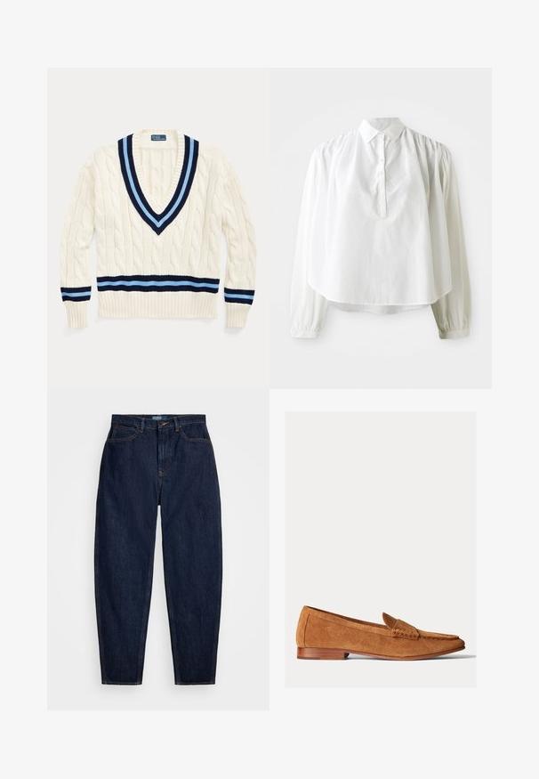 Krēmkrāsas adīts džemperis ar V-veida kakla izmēru, ar tumši zilām un gaiši zilām svītrām uz apkakles un apakšējā mala.; Balta garām piedurknēm krekls ar apkakles izgriezumu, pogu aizdari un savelktiem plecu detalizējumiem. Gluda tekstūra un brīva piegriezuma.; Tumši zilas džinsi ar taisnu kāju pieguļošu piegriezumu, kurus rotā oranži šuves, priekšējais pogas aizdare un piecas kabatas.; Polo Ralph Lauren EMBOSSED-PONY SUEDE PENNY LOAFER - Mokasīni - pale russet