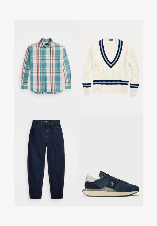 Cream cable-knit sweater with a V-neckline, featuring navy and light blue stripes on the collar and bottom hem.; Button-up shirt made of woven fabric, featuring a teal, cream, navy, and red plaid pattern. It has a spread collar and long sleeves.; Dark blue denim jeans with a straight-leg fit, featuring orange stitching, a front button closure, and five pockets.; Navy suede and mesh sneaker with a white and gray heel, flat laces, and a textured outsole. Features a logo on the side.