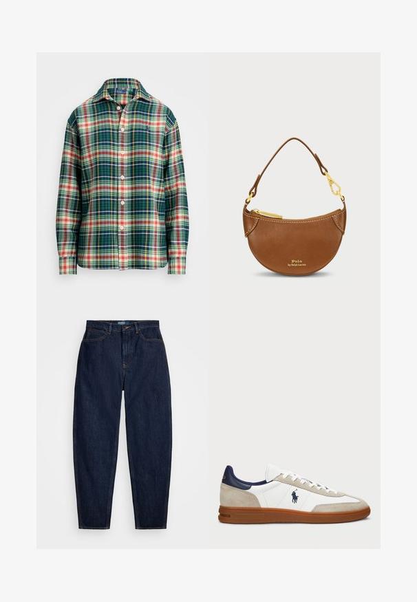 Kreminis kabelinis megztinis su V formos iškirpte, turintis tamsiai mėlynas ir šviesiai mėlynas juostas ant apykaklės ir apačioje.; Ilgų rankovių mygtukinė marškiniai su žalia, tamsiai mėlyna, balta, oranžine ir geltona langeline raštu, atlenktas apykaklė ir mažas siuvinėtas logotipas ant krūtinės.; Tamsiai mėlynos džinsinės kelnės su tiesiu kirpimu, su oranžinėmis siūlėmis, priekyje užsegamos mygtuku ir turinčios penkias kišenes.; Balti ir smėliniai sportiniai bateliai su zomšo ir odos viršumi, tamsiai mėlynais akcentais ir rudomis guminėmis padais. Šoninėse pusėse yra logotipas ir raištelių užsegimas.; Ruda odinė kuprinė su kreiviu siluetu ir auksinėmis detalėmis. Yra užtrauktukas viršuje ir iškilęs logotipas priekyje. Pridedama trumpa rankena.