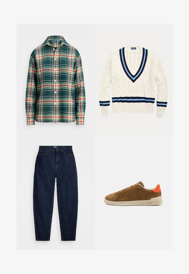 Cream cable-knit sweater with a V-neckline, featuring navy and light blue stripes on the collar and bottom hem.; Long-sleeve button-up shirt with green, navy, white, orange, and yellow plaid pattern, spread collar, and small embroidered logo on chest.; Dark blue denim jeans with a straight-leg fit, featuring orange stitching, a front button closure, and five pockets.; Brown suede sneaker with a cream rubber sole, featuring orange accents at the heel and a small logo detail on the side.