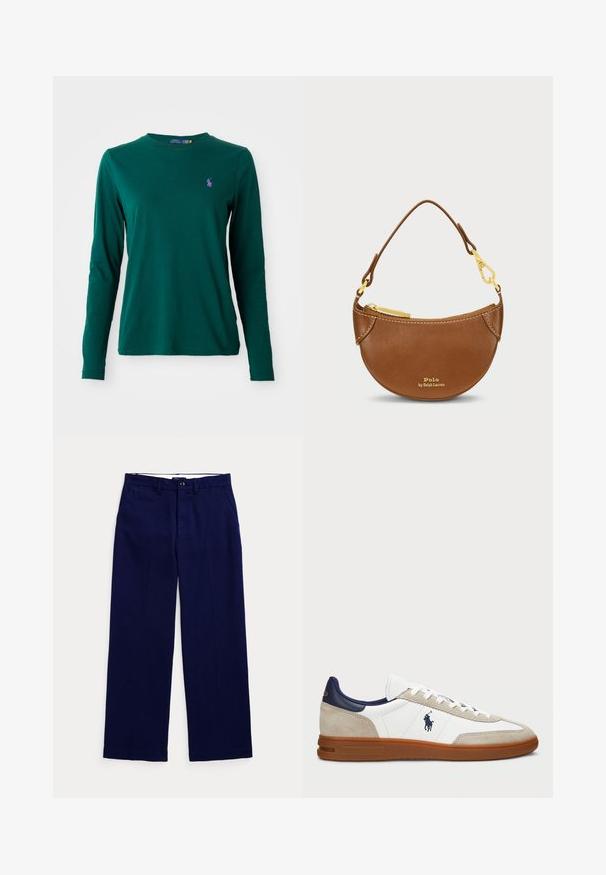 Kremfarget kabelstrikket genser med V-hals, med marineblå og lyseblå striper på kragen og nederste kant.; Mørkegrønn langermet genser med crew neck og liten lilla brodert hestelogo på venstre bryst, vist mot en hvit bakgrunn.; Marineblå rettskårne bukser med beltehemper, knappelukking og sidelommer på en ensfarget lys bakgrunn.; Hvite og beige joggesko med overdel i semsket skinn og lær, marineblå detaljer og brun gummisåle. Har logo på siden og snøring.; Brun lærveske med en buet form og gullhardware. Har en glidelås på toppen og preget logo på forsiden. Kort håndtak inkludert.