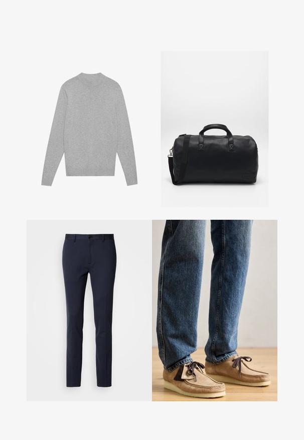 Pull en jersey à manches longues gris clair avec col, poignets et ourlet côtelés, posé à plat sur un fond blanc.; Pantalons navy en tissu lisse et extensible. Dotés d'une fermeture éclair, d'un seul bouton et de jambes slim et fuselées.; Mocassins en daim de couleur beige avec des accents marron foncé, à bout arrondi et semelle blanche moelleuse. Ils présentent un design à lacets et des détails cousus.; Sac de sport noir en matériau synthétique texturé. Doté de deux poignées et d'une bandoulière réglable. Design simple sans motifs visibles.