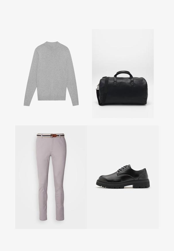 Light grey long-sleeve crewneck sweater with ribbed collar, cuffs, and hem, laid flat on a white background.; Light gray trousers made of cotton blend, featuring a slim fit, a flat front, and a brown and navy striped belt with a rectangular buckle.; Black leather shoes with a rounded toe, lace-up design, and a thick, textured rubber sole. Features stitching along the edge and a smooth finish.; Black duffel bag made of textured synthetic material. Features two handles and an adjustable shoulder strap. Simple design with no visible patterns.