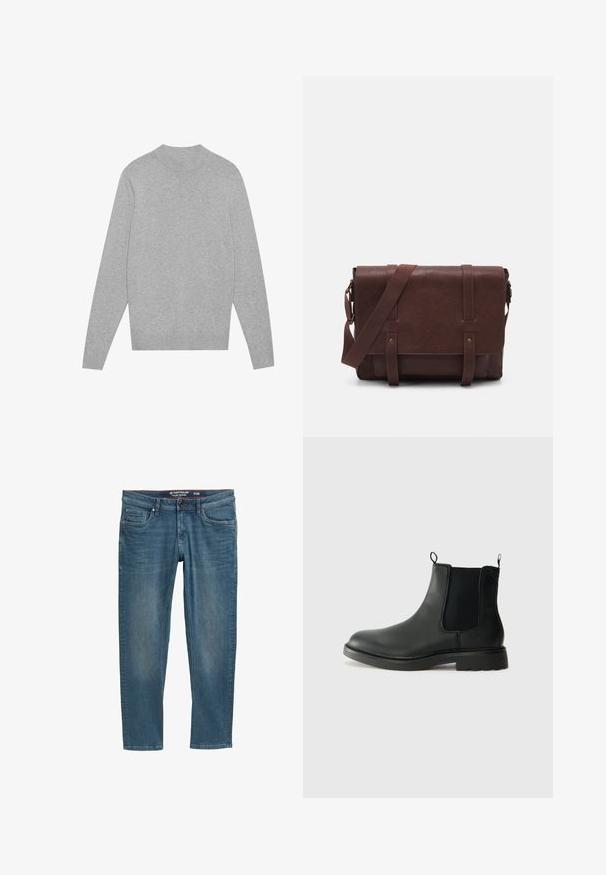 Svijetlo sivi dukserica s dugim rukavima i okruglim izrezom, s rebrastim ovratnikom, manžetama i donjim rubom, položena ravno na bijeloj pozadini.; Plave traperice s tapered krojem, dizajnom s pet džepova i crvenim obodom unutar struka. Imaju logo naljepnicu na stražnjem džepu.; Crne kožne Chelsea čizme s elastičnim bočnim panelima, potpeticama za povlačenje, zaobljenim vrhom i teksturiranom gumenom potplatom. Glatka površina i čvrst dizajn.; Smeđa kožna torba za messenger s ravnim prednjim poklopcem, dva remena, zlatnim hardverskim detaljima i podesivim remenom za rame.