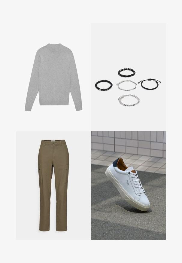 Lys grå langermet crewneck-genser med ribbet krage, mansjetter og nederkant, lagt flatt på en hvit bakgrunn.; Olivenfargede cargo bukser med rette ben, som har to sidelommer, knappestengning og et teksturert stoff.; Hvit lærsneaker med marineblå hæl, rund tå og kontrasterende brune detaljer. Har flate lisser og teksturert gummisåle.; Fem armbånd: to svarte perlearmbånd, et teksturert svart snorarmbånd, en sølvkjede og et flettet svart snorarmbånd med justerbar lås.