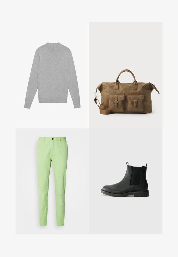 Jasnoszary sweter z długim rękawem i okrągłym dekoltem, z prążkowanym kołnierzem, mankietami i dołem, leżący na białym tle.; Jasnozielone bawełniane spodnie o dopasowanym kroju, z pojedynczym brązowym zapięciem na guzik i standardowymi kieszeniami, gładka faktura, bez wzorów.; Czarne skórzane botki typu chelsea z elastycznymi panelami bocznymi, uchwytami, okrągłym noskiem i teksturowaną gumową podeszwą. Gładka powierzchnia i solidna konstrukcja.; Brązowa skórzana torba podróżna z dwiema przednimi kieszeniami, regulowanym paskiem na ramię, złotymi elementami i solidnymi uchwytami górnymi. Gładka textura.