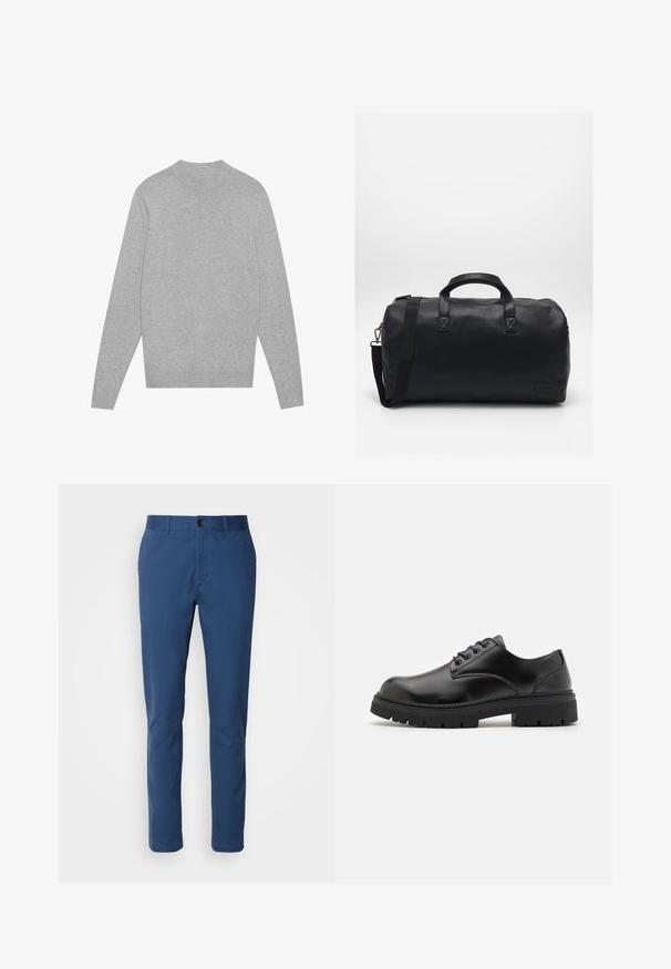 Maglione grigio chiaro a maniche lunghe con scollatura rotonda, colletto, polsini e bordo a costine, posato su uno sfondo bianco.; Chinos in cotone blu navy con una vestibilità slim; presentano una vita standard, tasche anteriori e una chiusura a un solo bottone. Texture morbida.; Scarpe in pelle nera con punta arrotondata, design lace-up e suola in gomma spessa e testurizzata. Presentano una cucitura lungo il bordo e una finitura liscia.; Borsa a secchiello nera realizzata in materiale sintetico testurizzato. Presenta due manici e una tracolla regolabile. Design semplice senza motivi visibili.