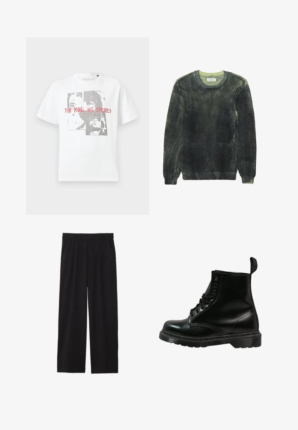 Dark green ribbed knit sweater with a soft texture, crew neck, and long sleeves. Features light green accents on the neckline and edges.; White cotton T-shirt featuring a graphic print of faces and the text "THE ROLLING STONES" in red. Crew neck and short sleeves.; Black wide-leg trousers with a pleated front, side pockets, and a smooth fabric texture. Designed for a relaxed fit.; Black leather boot with rounded toe, lace-up design, six eyelets, and a textured rubber sole. Includes a pull tab at the back.