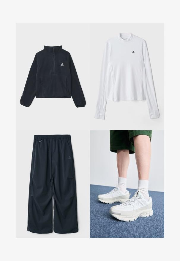 Juodas poliarinis megztinis su puse užtrauktuko apykakle, ilgomis raglan rankovėmis, dviem priekinėmis kišenėmis ir trikampiu logotipu ant kairiojo krūtinės.; Balta ilgomis rankovėmis marškiniai su aukštu kaklu, su mažu juodu trikampiu logotipu ant krūtinės ir tekstūruotu audiniu.; Tamsiai mėlynos, plačios kelnės su elastinga juosmens juosta, turinčios dvi šonines kišenes ir mažą trikampį logotipą kairėje pusėje. Lygus paviršius.; Baltos sportinės bateliai su tekstūruotais uždengimais, masyviu padu ir pilkais akcentais. Dėvimi su baltais trumpais kojiniais ir žaliais šortais mėlyname paviršiuje.