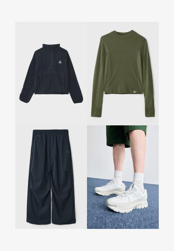 Pullover preto em fleece com gola de meio zíper, mangas raglan longas, dois bolsos frontais e um logotipo triangular no lado esquerdo do peito.; Top de manga longa verde-escuro com decote à crew, apresentando detalhes texturizados pontilhados nas mangas e uma bainha cropped. Inclui buracos para os polegares.; Calças largas de cor azul-escuro, com um cós elástico, apresentando dois bolsos laterais e um pequeno logótipo triangular do lado esquerdo. Textura suave.; Sapatos atléticos brancos com sobreposições texturizadas, sola espessa e detalhes em cinza. Usados com meias brancas até ao tornozelo e calções verdes sobre uma superfície azul.