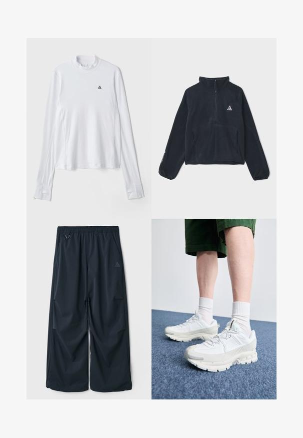 Schwarzer Fleece-Pullover mit halbem Reißverschluss am Hals, langen Raglanärmeln, zwei Fronttaschen und einem dreieckigen Logo auf der linken Brust.; Weißes Langarmshirt mit hochgeschlossenem Kragen, ausgestattet mit einem kleinen schwarzen dreieckigen Logo auf der Brust und strukturiertem Stoff.; Dunkelblaue, weit geschnittene Hose mit elastischem Bund, ausgestattet mit zwei seitlichen Taschen und einem kleinen dreieckigen Logo auf der linken Seite. Glatte Textur.; Weiße Sportschuhe mit strukturierten Überzügen, einer dicken Sohle und grauen Akzenten. Tragen mit weißen Crew-Socken und grünen Shorts auf einer blauen Oberfläche.