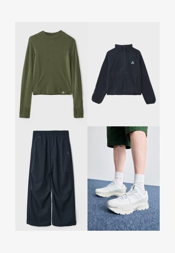 Pullover in pile nero con scollatura a metà zip, maniche lunghe raglan, due tasche frontali e un logo triangolare sul lato sinistro del petto.; Maglia a maniche lunghe verde scuro con scollatura a girocollo, caratterizzata da accenti testurizzati a pois sulle maniche e un orlo cropped. Include fori per il pollice.; Pantaloni larghi blu scuro con vita elasticizzata, dotati di due tasche laterali e un piccolo logo triangolare sul lato sinistro. Texture liscia.; Scarpe da ginnastica bianche con sovrapposizioni testurizzate, suola spessa e accenti grigi. Indossate con calze corte bianche e pantaloni corti verdi su una superficie blu.