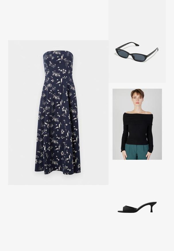 Schwarzer gerippter Off-Shoulder-Pullover mit langen Ärmeln, figurbetontem Design und strukturiertem Stoff. Kombiniert mit türkisfarbenen Hosen.; Strapless Kleid in Marineblau mit einem ausgestellten Rock, der mit einem weißen Blumen- und Objektmuster versehen ist. Hergestellt aus leichtem Stoff.; Schwarze Absatzmules mit einer breiten, offenen Zehenpartie und einem geschwungenen Oberteil. Hergestellt aus strukturiertem Stoff, mit einem schlanken Absatz und einer glatten Sohle.; Schwarze Cat-Eye-Sonnenbrille mit dunklen Gläsern, Kunststoffrahmen, schlanken Bügeln und dezentem Branding an der inneren Seite des Bügels. Matte Oberflächenstruktur.