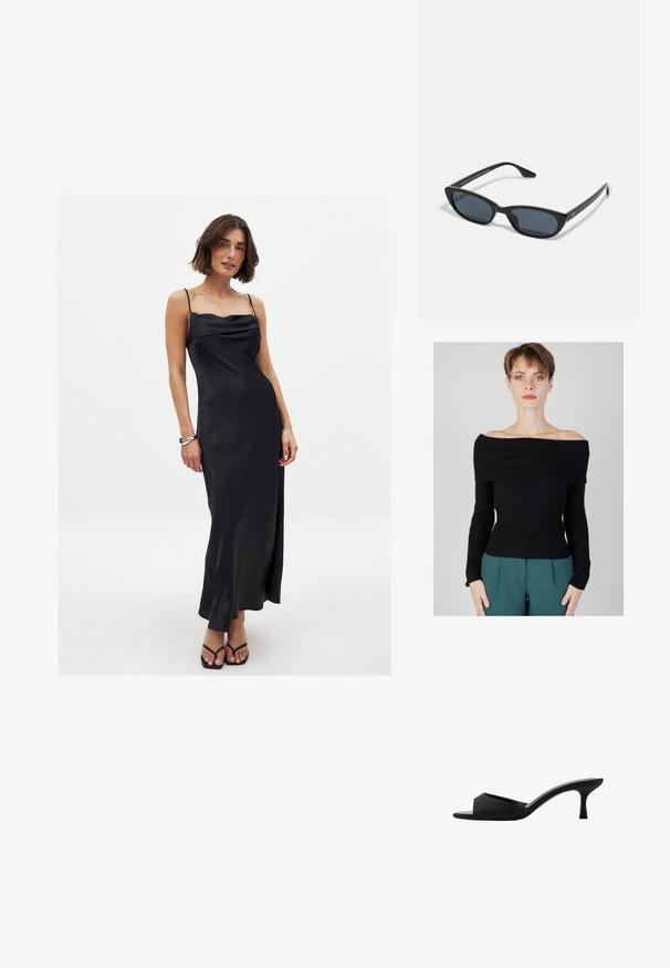 Črni rebrasti pulover brez ramenskih naramnic z dolgimi rokavi, prilegajočega kroja in teksturirane tkanine. V kombinaciji s turkiznimi hlačami.; Črna satenska obleka s tankimi naramnicami in cowl ovratnikom, fluidna silhueta in stranski razporek, oblečena s črnimi natikači.; Črne natikače na peto z širokim, odprtim prstom in ukrivljenim zgornjim delom. Narejene iz teksturiranega materiala, imajo vitko peto in gladko podplat.; Črne mačkaste sončne očala z temnimi lečami, plastičnim okvirjem, ozkimi stebli ter diskretnim logotipom na notranji strani ročaja. Mat zaključna tekstura.