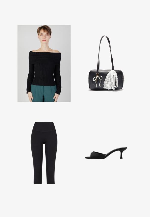 Czarny prążkowany sweter bez ramion z długimi rękawami, dopasowany fason i fakturowana tkanina. Zestawiony z turkusowymi spodniami.; Czarne legginsy za kostkę wykonane z elastycznego materiału, z wysokim stanem i bez widocznych wzorów czy elementów metalowych.; Czarne klapki na wysokim obcasie z szerokim, otwartym noskiem i zakrzywioną cholewką. Wykonane z teksturowanej tkaniny, z wąskim obcasem i gładką podeszwą.; Even&Odd - Torebka