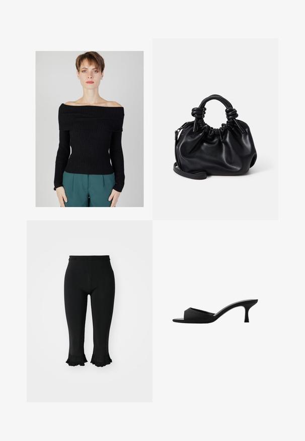 Čierny rebrovaný sveter bez ramienok s dlhými rukávmi, priliehavý strih a textúrovaná látka. Skombinovaný s tyrkysovými nohavicami.; sandro PANTALON CROP MAILLE BAS FANTAISIE - Nohavice - noir; Čierne podpätkové mule s širokým, otvoreným prstom a zakriveným zvrškom. Vyrobené z textilného materiálu, s úzkym podpätkom a hladkou podrážkou.; Čierna kožená kabelka s nariaseným dizajnom, krátkymi zaoblenými uchami a odnímateľným ramenným pásom. Hladká textúra s jemným siluetou.