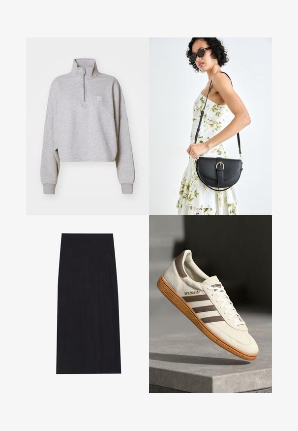 Pilkas trumpas megztinis su aukšta apykakle, pusiau užtrauktuku ir laisvomis rankovėmis. Yra mažas baltas logotipas ant krūtinės. Pagamintas iš minkštos medžiagos.; Juodas midi sijonas, pagamintas iš minkštos, tamprios medžiagos. Turi tiesią siluetą ir elastinį liemenį, užtikrinantį patogų prigludimą.; Baltos zomšos sportbačiai su rudos odos akcentais, trimis rudos spalvos juostelėmis ir baltomis raišteliais. Įrengtas tekstūruotas guminis padas ir auksinis "SPEZIAL" logotipas.; Juodas odinis krepšys su išlenkta forma, nuimamu dirželiu ir auksiniais detalėmis. Krepšys turi kilpą su sagtimi.