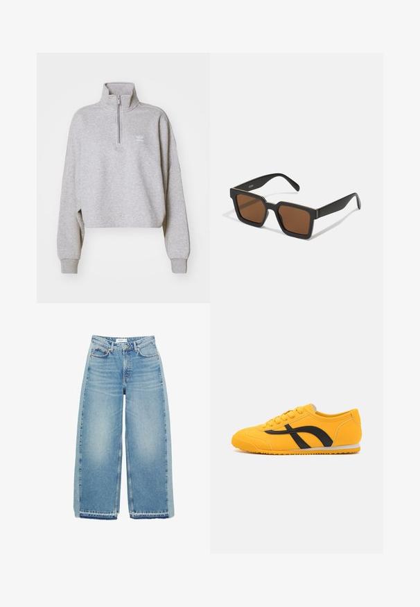 Szara, skórzana bluza z wysokim kołnierzem, półzsuwnym zamkiem i luźnymi rękawami. Posiada małe białe logo na piersi. Wykonana z miękkiego materiału.; Jasnoniebieskie dżinsy szerokie w nogawkach, wykonane z denimu, z wysokim stanem, zapięciem na guzik, kieszeniami z przodu i surowym dołem.; Call it Spring BEAA żółty; Czarne kwadratowe okulary przeciwsłoneczne z brązowymi soczewkami, o matowym wykończeniu i złotych akcentach na oprawie. Projekt jest kanciasty z szerokimi zausznikami.