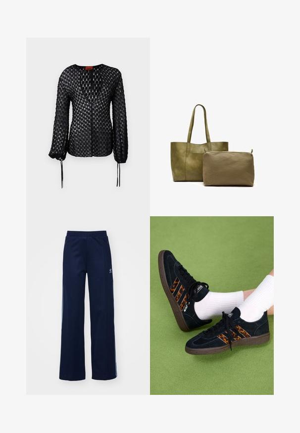 Granatowy sweter z grubym splotem, z półzamkniętym kołnierzem i czerwonym wyszywanym logo na lewej piersi.; Czarna dzianinowa bluzka z fakturowanym wzorem diamentowym, głębokim dekoltem w kształcie litery V, długimi rękawami i regulowanymi wiązaniami przy mankietach.; Granatowe spodnie dresowe z bawełny z szerokimi nogawkami, elastycznym pasem i kieszeniami na zamek, z białymi paskami po bokach i detalem logo.; Czarne zamszowe sneakersy z trzema paskami w leopardzi wzór i brązowymi gumowymi podeszwami. Noszone z białymi skarpetkami w prążki na zielonej powierzchni.; Oliwkowa skórzana torba na ramię z dwoma uchwytami, obok mniejszej oliwkowej torby materiałowej z zamkiem błyskawicznym. Gładkie i teksturowane powierzchnie.