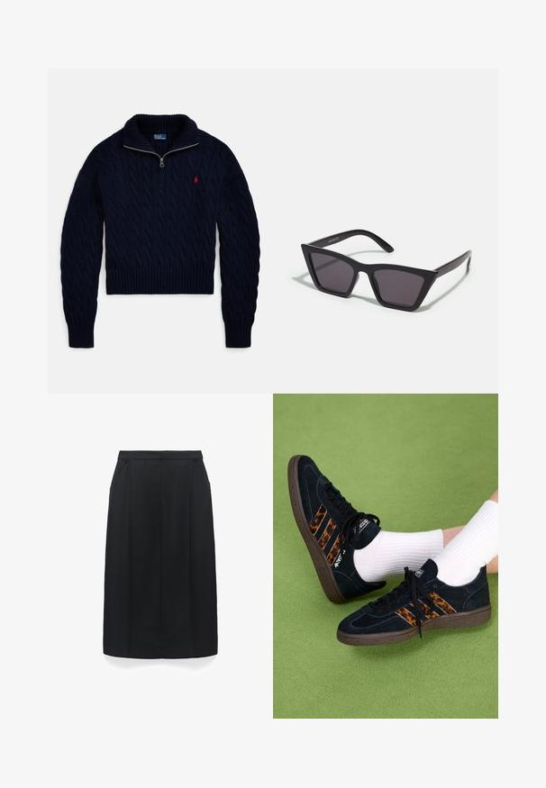 Marineblauer Pullover mit Zopfmuster, halblangem Reißverschluss am Kragen und rotem, gesticktem Logo auf der linken Brust.; Schwarzer Midirock mit Seitentaschen und gerader Silhouette, entworfen mit einem schlichten Bund und einer vorderen Nahtdetails.; Schwarze Wildleder-Sneaker mit Leopardenmuster-Drei-Streifen und braunen Gummisohlen. Getragen mit weißen gerippten Socken auf einer grünen Oberfläche.; Schwarze, eckige Sonnenbrille mit grauen Gläsern; aus Kunststoff gefertigt, mit dicken Bügeln, die eine glatte Oberfläche und keine sichtbaren Beschläge haben.