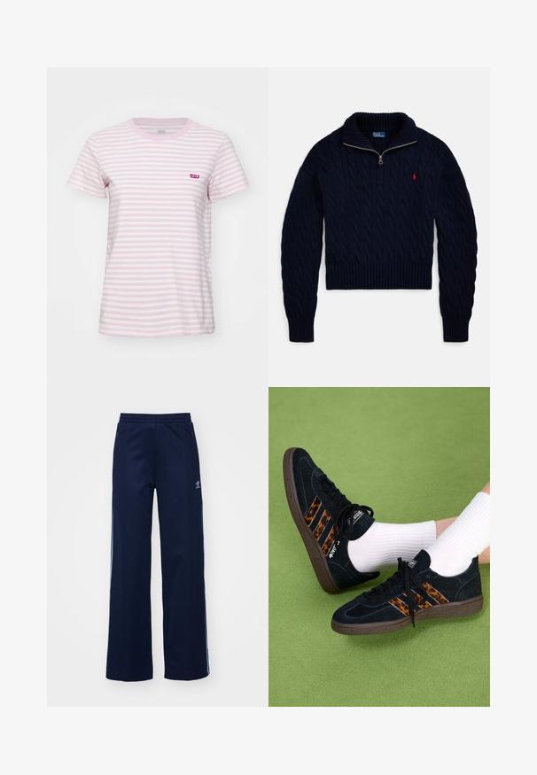 Navy blue cable-knit pullover sweater with half-zip collar and red embroidered logo on the left chest.; Pink and white striped t-shirt made of cotton. Features a round neckline and short sleeves. Small red Levi's logo on the chest.; Navy cotton blend tracksuit pants with wide leg design, elastic waistband, and zip pockets, featuring white side stripes and logo detail.; Black suede sneakers with leopard-print three stripes and brown rubber soles. Worn with white ribbed socks on green surface.