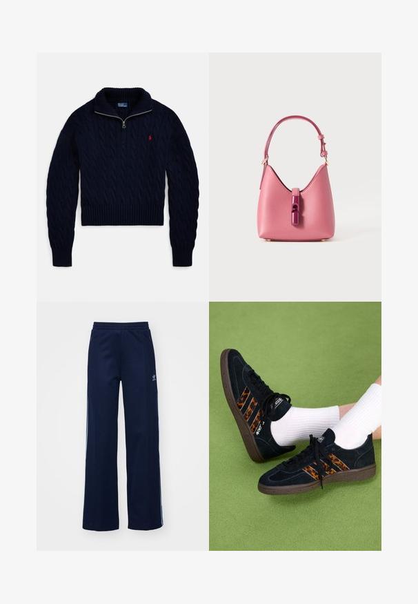 Mörkblå kabelstickad pullover med halvdragkedja i kragen och röd broderad logga på vänster bröst.; Marina blå bomullsblandning byxor i träningsset med vida ben, elastisk midja och dragkedje-fickor, med vita sidostråk och logotypdetalj.; Svarta mockaskor med leopardmönstrade tre ränder och bruna gummisulor. Bärs med vita ribbade strumpor på grön yta.; Rosa läderhandväska med en strukturerad form, med en glänsande stängning och ett enda justerbart band. Texturerad yta med detaljer i guld.