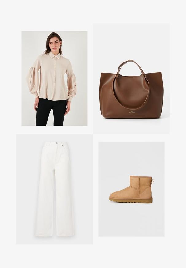 Cream off-shoulder knit sweater with ribbed texture, paired with a high-waisted black suede skirt featuring a belt and side accents.; Beige button-up blouse with a collar and puffed long sleeves. Smooth fabric with a relaxed fit, featuring a straight hemline.; White high-waisted wide-leg jeans made of denim. Features front pockets, a button closure, and frayed hem details.; Tan suede ankle boot with round toe, stitched detailing, pull tab on back, and a textured rubber sole. Designed for comfort and warmth.; Brown leather tote bag with a smooth texture, large circular handles, featuring minimalistic design and logo embossed at the base.