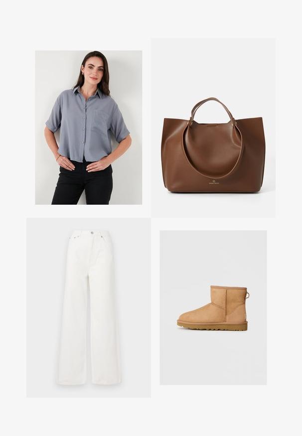 Creme farvet off-shoulder striktrøje med ribbet tekstur, parret med en høj talje sort ruskindsnederdel med bælte og sidelommer.; Grå kortærmet skjorte med krave, enkelt brystlomme og en afslappet pasform. Stoffet virker glat og let.; Hvide højtaljede brede jeans lavet af denim. Har frontlommer, knaplukning og afrivede kantdetaljer.; Brune suede ankelstøvle med rund tå, stikninger, en pull tab bagpå og en tekstureret gummisål. Designet til komfort og varme.; Brun læder tote bag med en glat tekstur, store runde håndtag, prydet med minimalistisk design og logo prentet på bunden.
