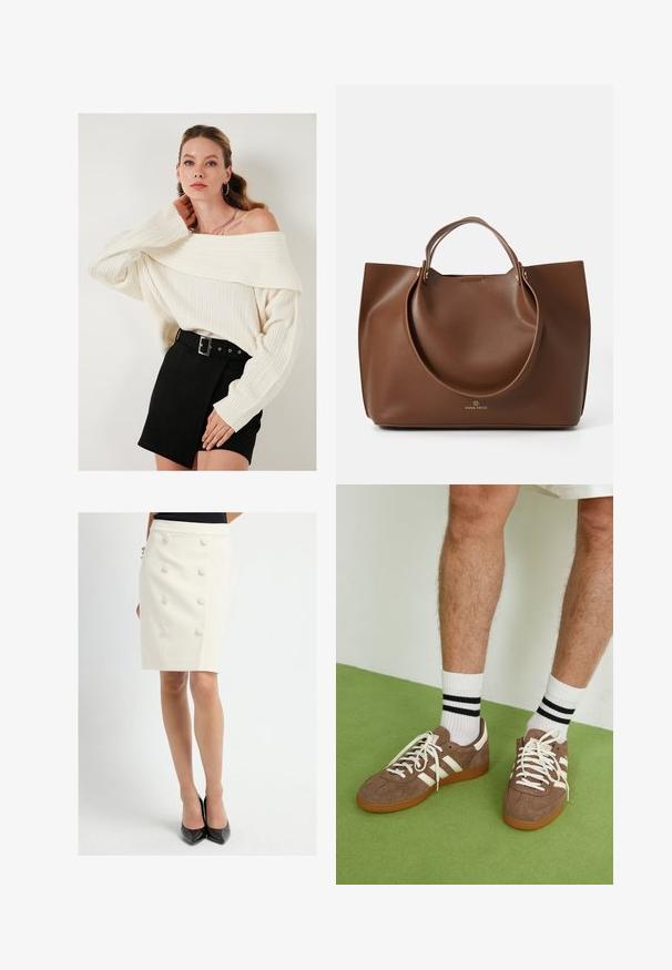 Suéter de punto crema con hombros al descubierto y textura acanalada, combinado con una falda negra de ante de tiro alto que cuenta con un cinturón y detalles laterales.; Falda lápiz blanca a medida con cintura alta y seis botones redondos forrados de tela en el frente, combinada con zapatos de tacón alto negros.; Zapatillas de ante marrón con acentos y cordones blancos. Suela de goma color caramelo. Usadas con calcetines blancos con rayas negras. Suelo texturizado verde.; Bolsa tote de cuero marrón con una textura suave, grandes asas circulares, con un diseño minimalista y un logo grabado en la parte inferior.