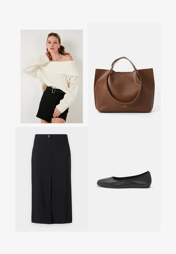 Tej sárgáskrém off-shoulder kötött pulóver, bordás textúrával, magas derekú fekete velúr szoknyával, ami övvel és oldalsó díszítésekkel rendelkezik.; Fekete ceruzaszoknya sima anyagból készült. Gombos záródással, két oldalsó zsebbel és elöl hasított résszel a könnyed mozgás érdekében.; Fekete bőr balettcipő lekerekített orral, sima tekstúrával, minimális varrással és rugalmas talp kialakítással.; Barna bőr válltáska sima tapintással, nagy kör alakú fogantyúkkal, minimalista dizájnnal és a logó enyhén belepréselve az alján.