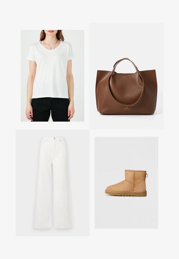 Cream off-shoulder knit sweater with ribbed texture, paired with a high-waisted black suede skirt featuring a belt and side accents.; White v-neck t-shirt with rolled short sleeves, made of soft fabric. Features a straight cut and is worn with black pants.; White high-waisted wide-leg jeans made of denim. Features front pockets, a button closure, and frayed hem details.; Tan suede ankle boot with round toe, stitched detailing, pull tab on back, and a textured rubber sole. Designed for comfort and warmth.; Brown leather tote bag with a smooth texture, large circular handles, featuring minimalistic design and logo embossed at the base.